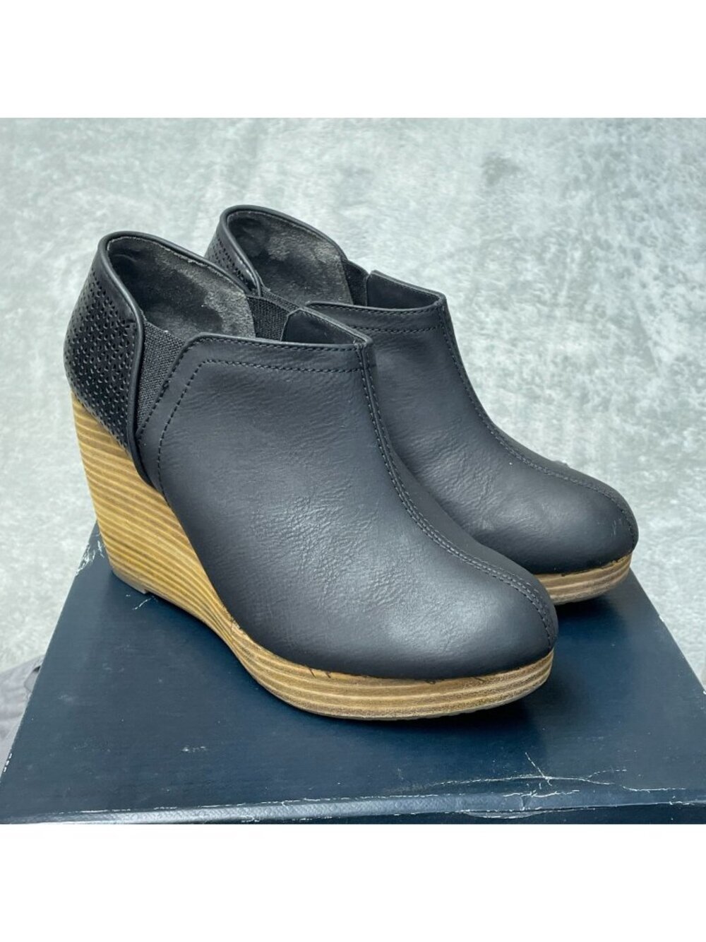 Dr. Scholl's Black Leather Wedge Ankle Booties with Tan Wood-Look Heel